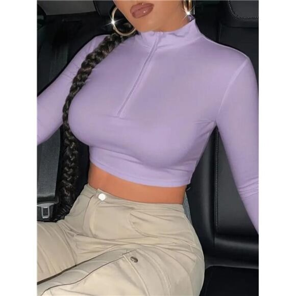 Half Zip Long Sleeve Crop T-Shirt - Picture 4 of 9